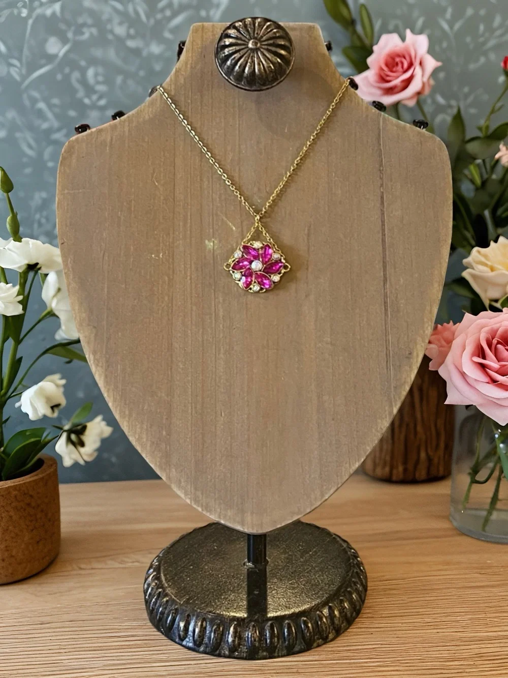 Gold-Tone Fuchsia Crystal Flower Pendant Necklace and Earring Set